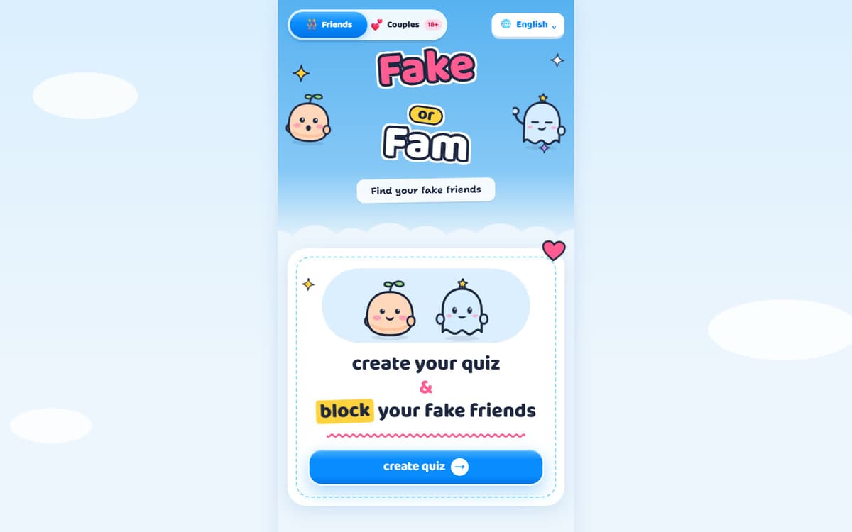 Fake or Fam quiz app for friends and couples